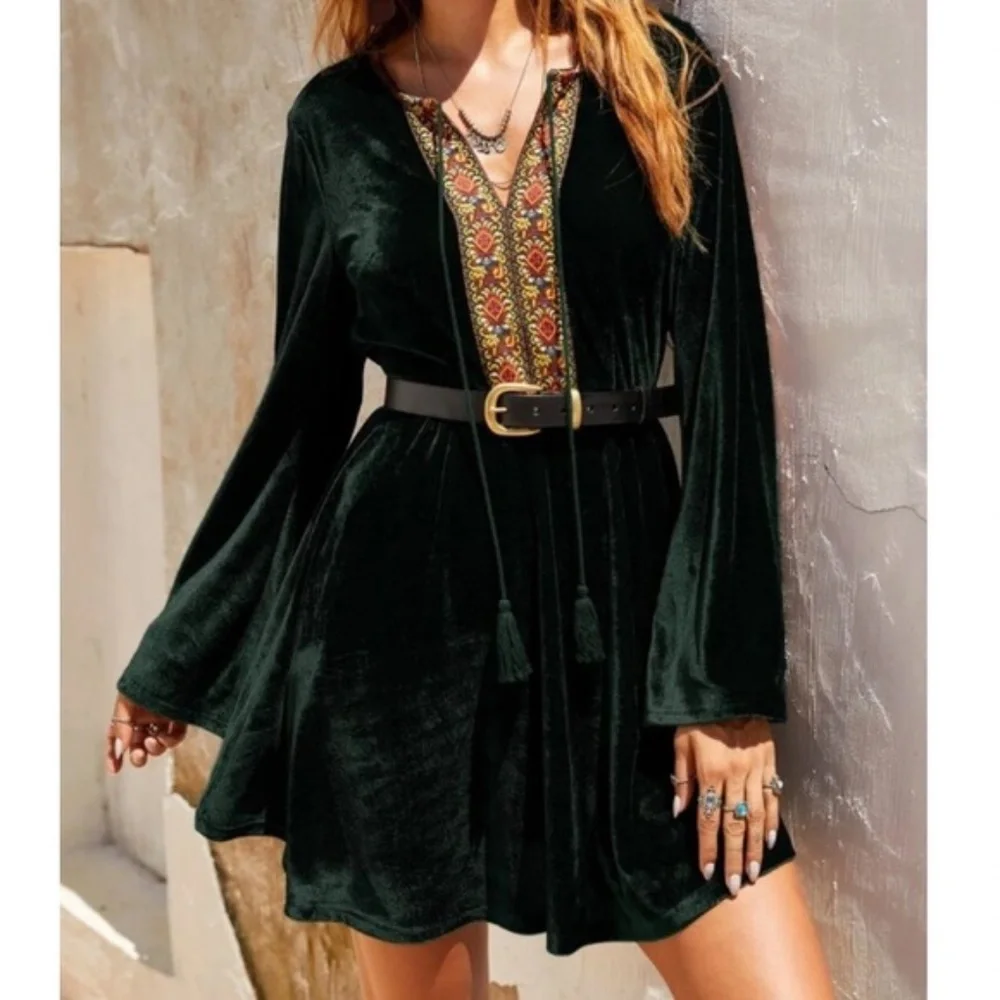 Bohemian Black Floral Embroidered Velvet Mini Dress - Picture 9 of 14